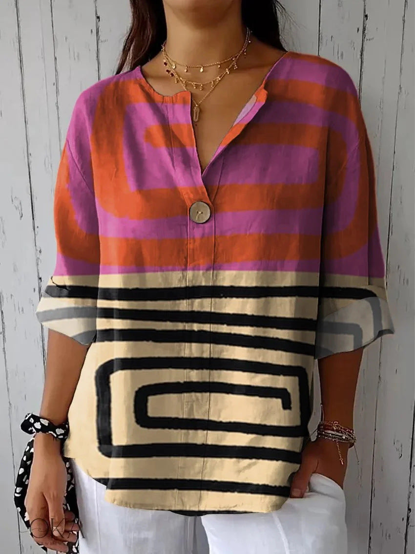 Summer New 3D Printed Women's Fashion V-neck Long Sleeve Shirt Top