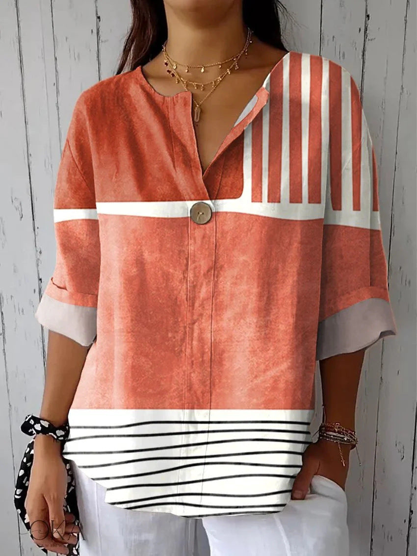 Summer New 3D Printed Women's Fashion V-neck Long Sleeve Shirt Top