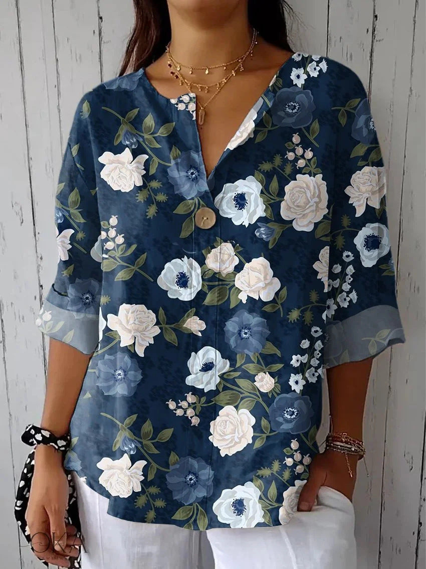 Summer New 3D Printed Women's Fashion V-neck Long Sleeve Shirt Top