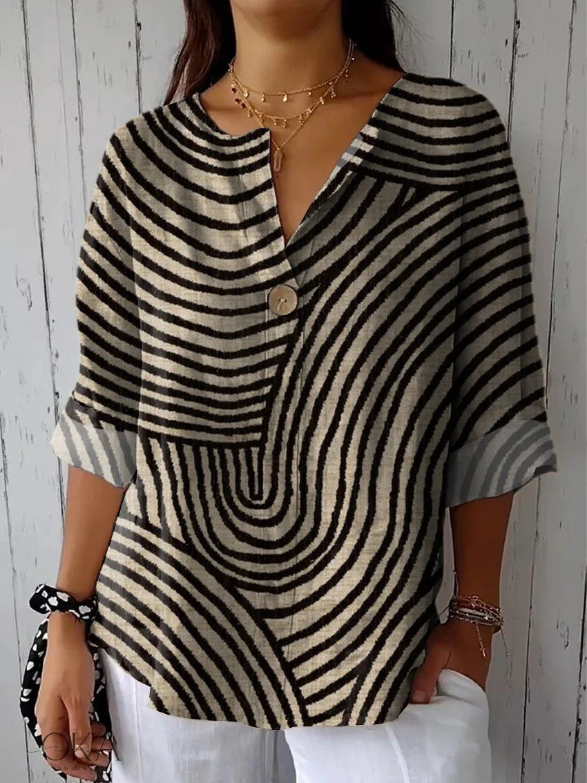 Summer New 3D Printed Women's Fashion V-neck Long Sleeve Shirt Top
