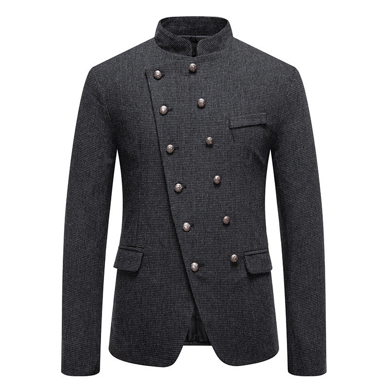 Business Slim-fitting Suit Stand Collar Double Breasted Oblique Placket Costume Men