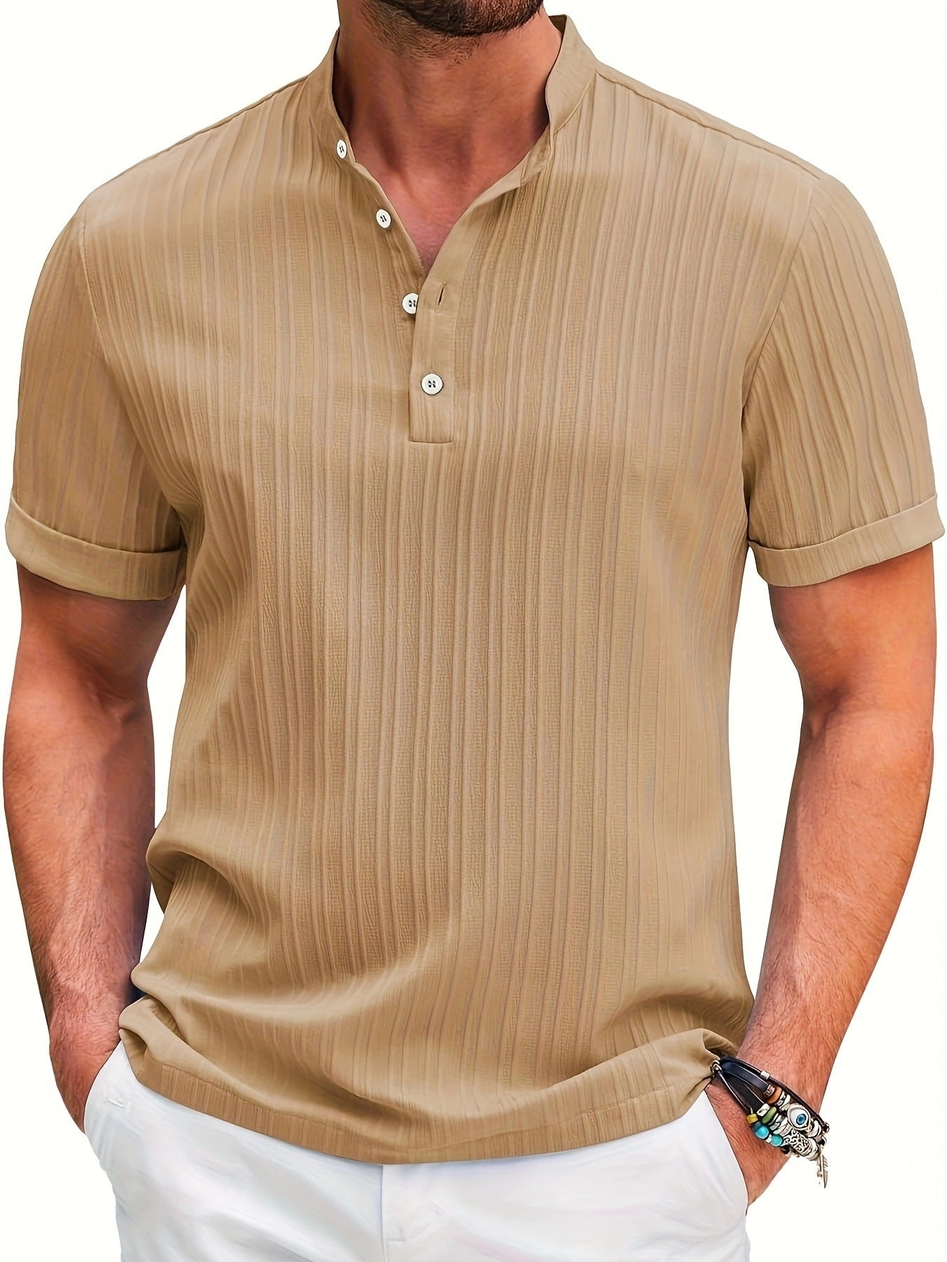 Summer Stand Collar Buttons Short Sleeve T-shirt Solid Color Stripe POLO Shirt Fashion Casual Beach Clothing For Men