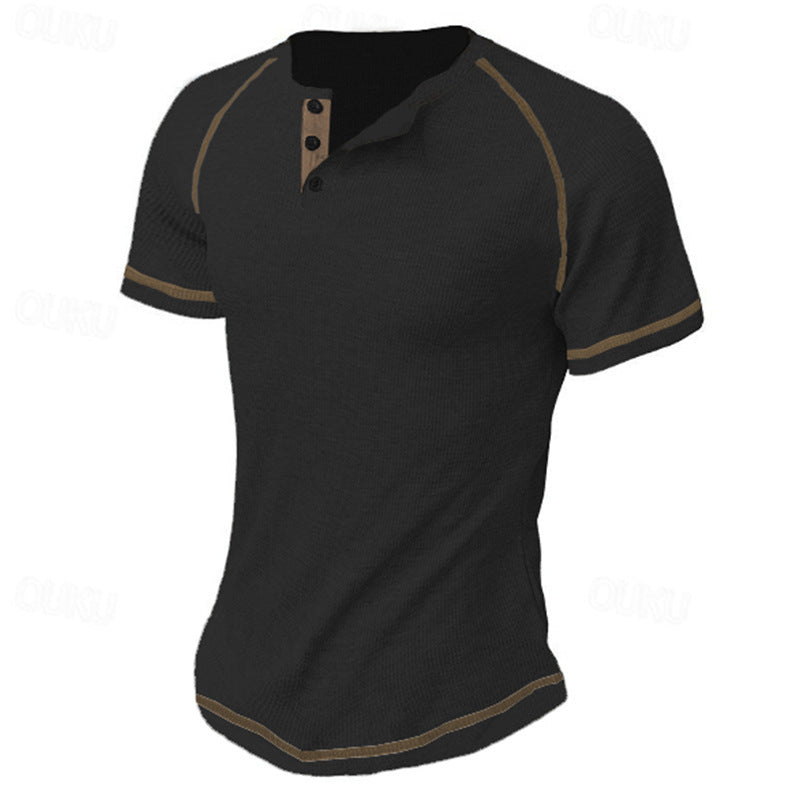 Round Neck Men's Heavy Waffle Casual Henry Short Sleeve