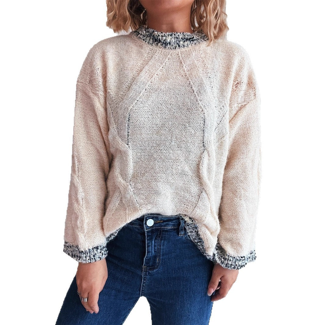 Patchwork Round Neck Knit Casual Commuter Loose Retro Sweater