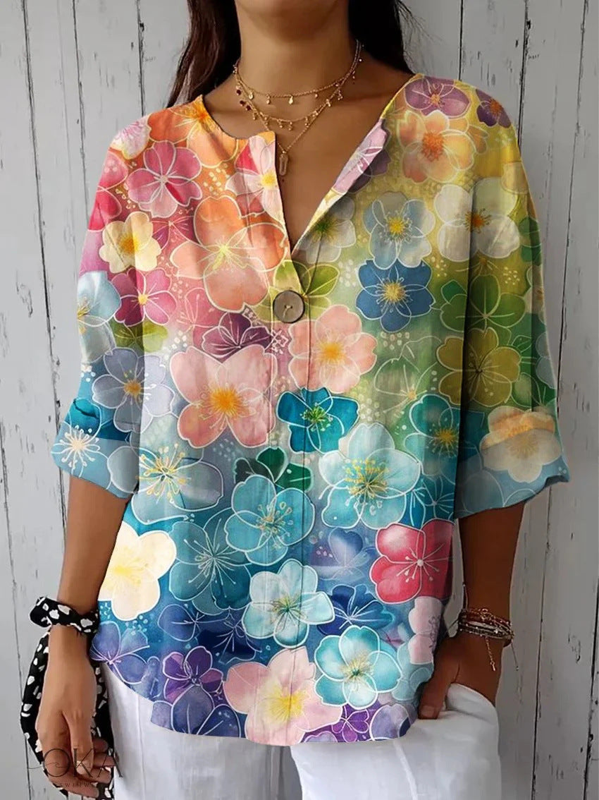 Summer New 3D Printed Women's Fashion V-neck Long Sleeve Shirt Top