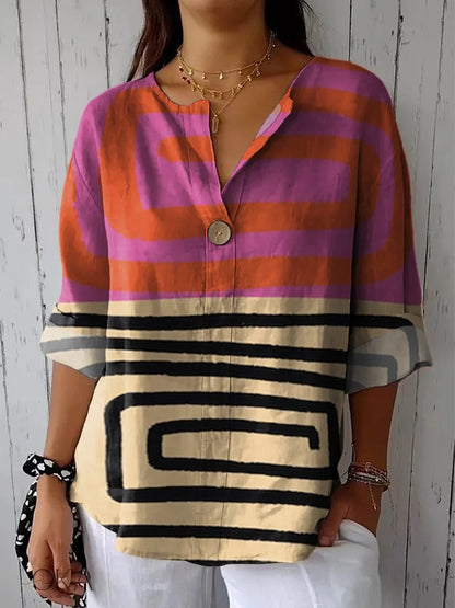 Summer New 3D Printed Women's Fashion V-neck Long Sleeve Shirt Top