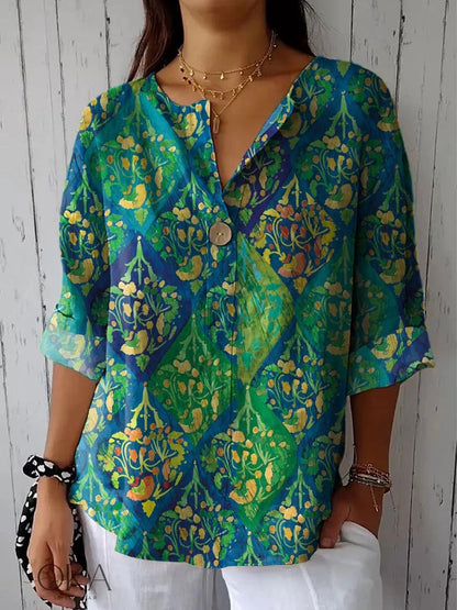 Summer New 3D Printed Women's Fashion V-neck Long Sleeve Shirt Top