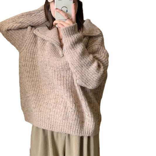 Half Zipper And Lapel Sweater Women's Knitted Blouse