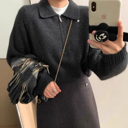 Lapel Half Zipper Solid Color Sweater For Women Loose Pullover