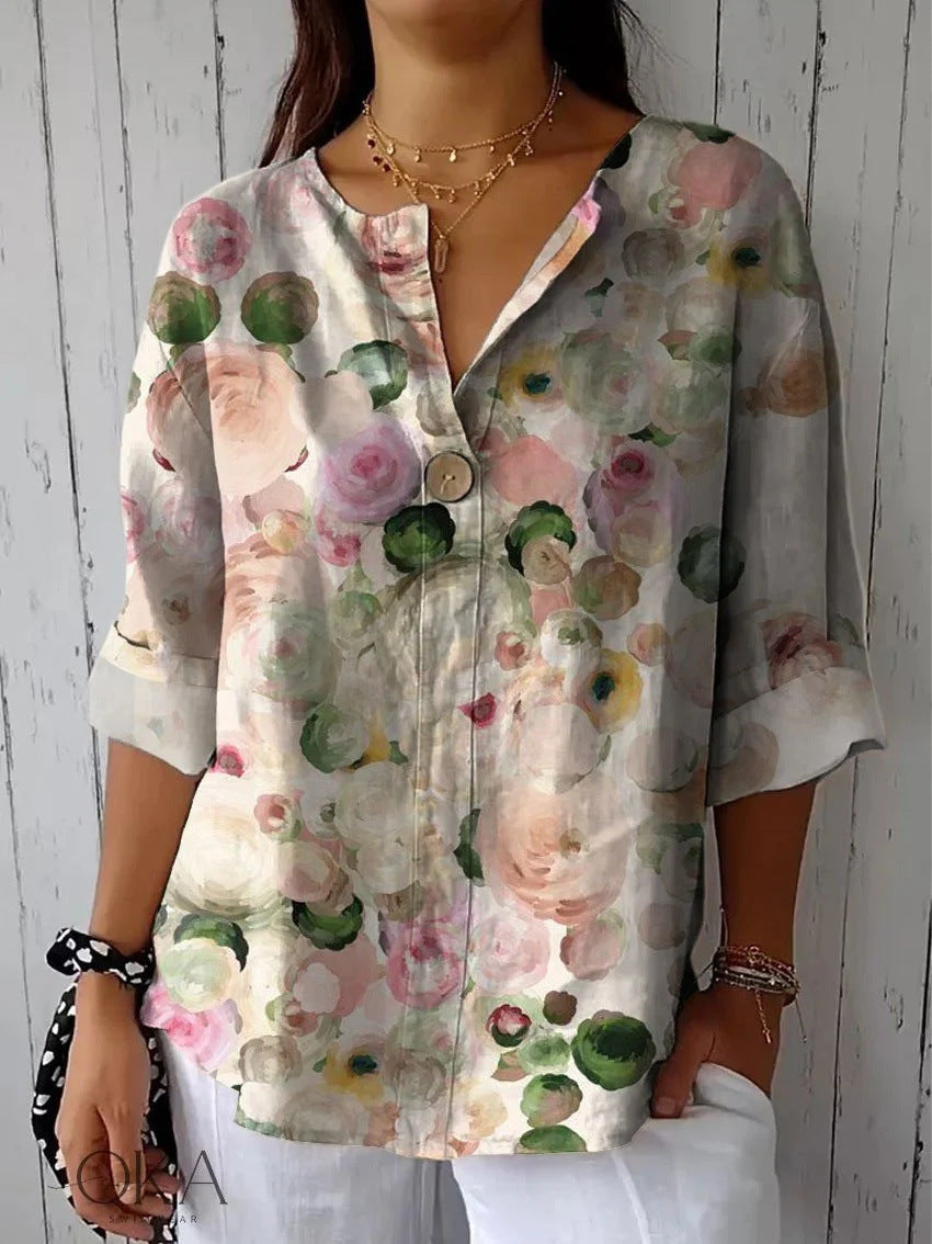 Summer New 3D Printed Women's Fashion V-neck Long Sleeve Shirt Top