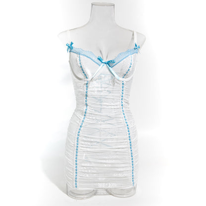See-through Contrast Color Lace Elastic Hip Tight Dress Back Strap Two-piece Nightdress