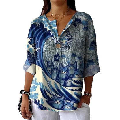 Summer New 3D Printed Women's Fashion V-neck Long Sleeve Shirt Top