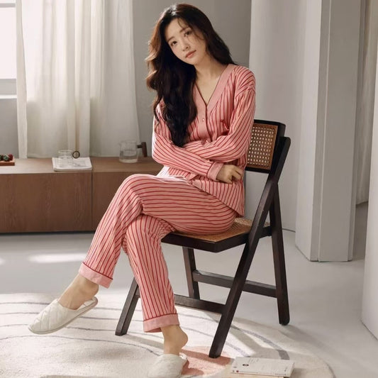 Cotton Pajamas Women's Long-sleeved Two-piece Suit Kimono Cardigan Striped