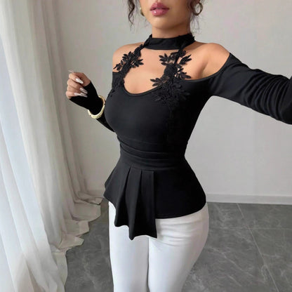 Hollow Out Shoulder-baring Applique Pleated Curved Hem Slim Top