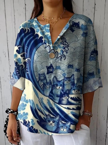 Summer New 3D Printed Women's Fashion V-neck Long Sleeve Shirt Top