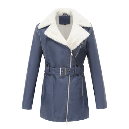 Long Sleeve Fleece Leather Jacket Women