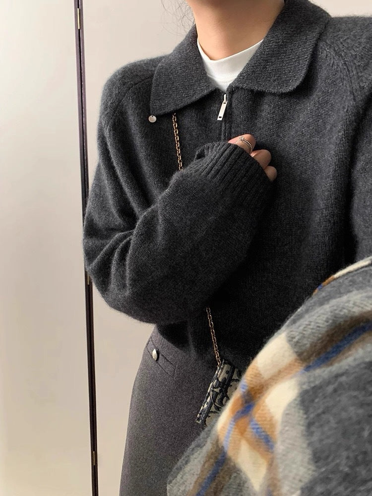 Lapel Half Zipper Solid Color Sweater For Women Loose Pullover