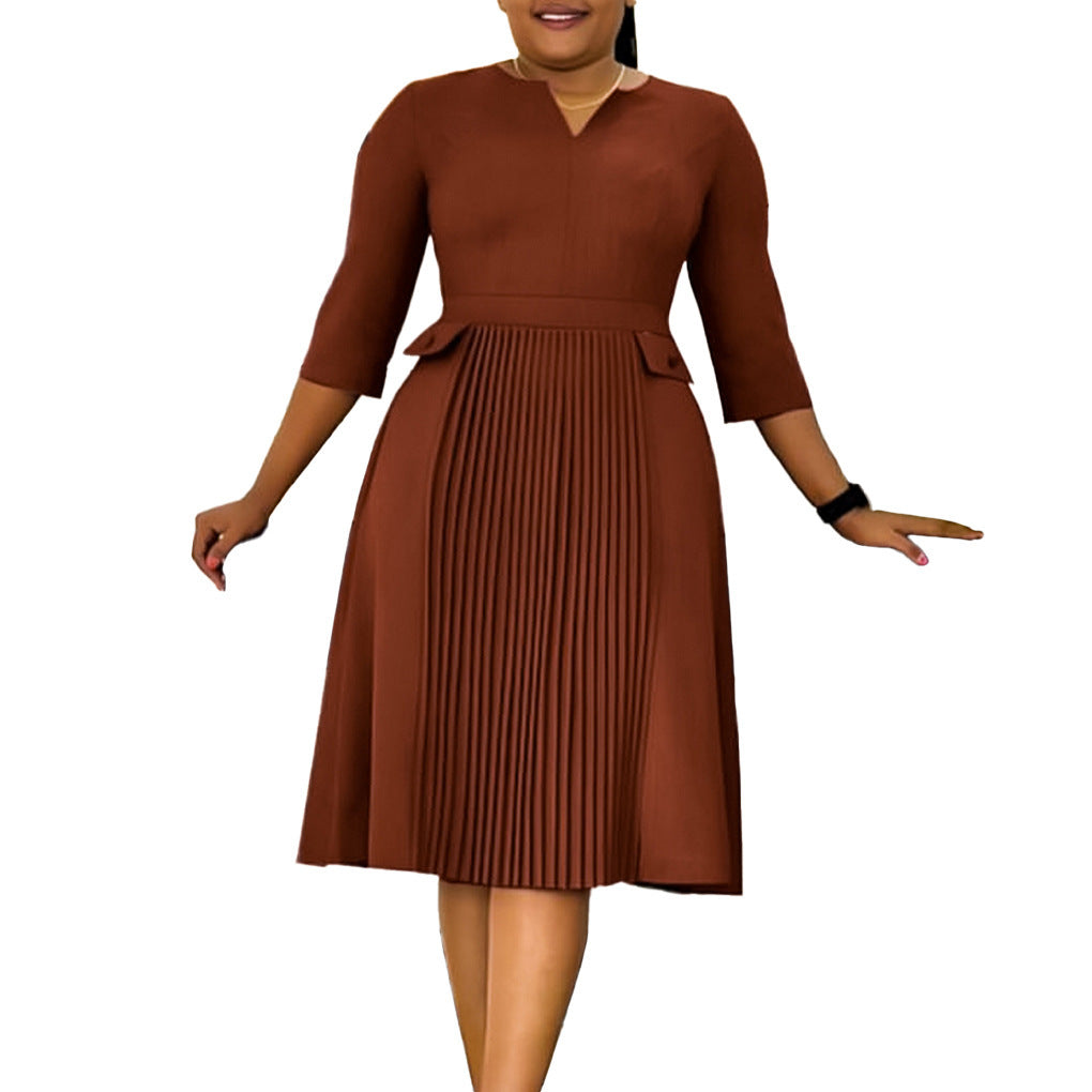 Women's Solid Color Plus Size Fashion Pleated Dress