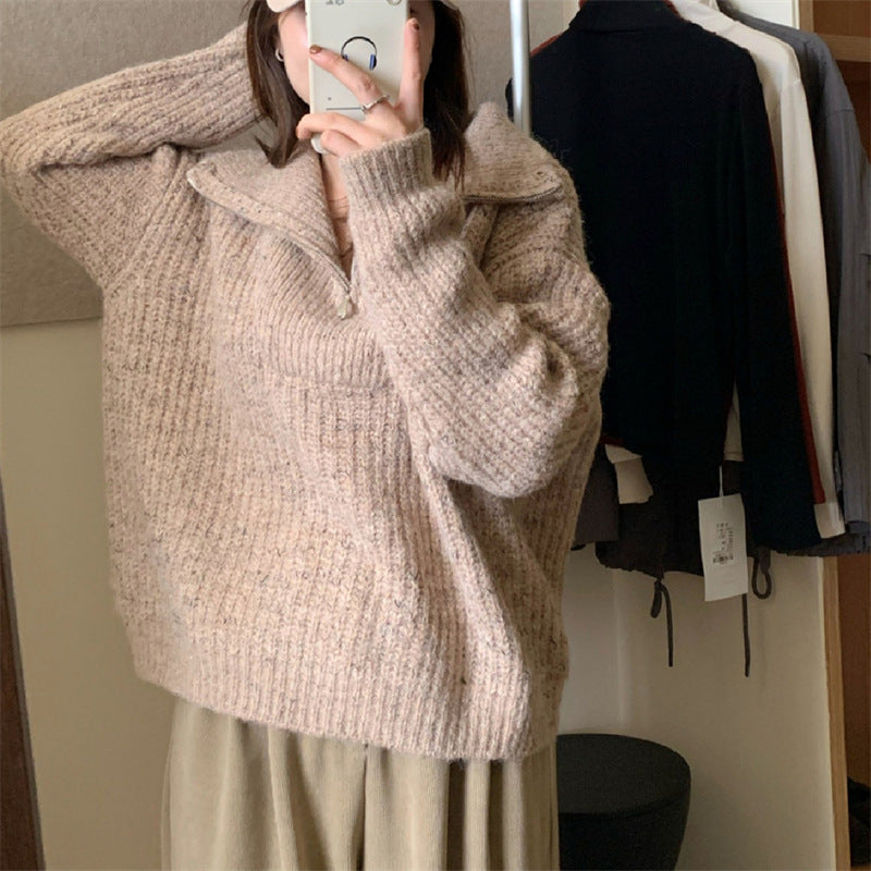 Half Zipper And Lapel Sweater Women's Knitted Blouse