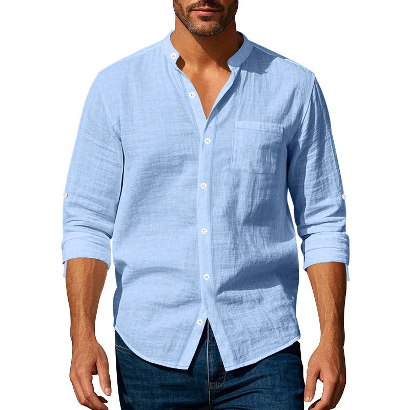 Long Sleeve Stand Collar Shirt With Pockets Casual Men's Clothing