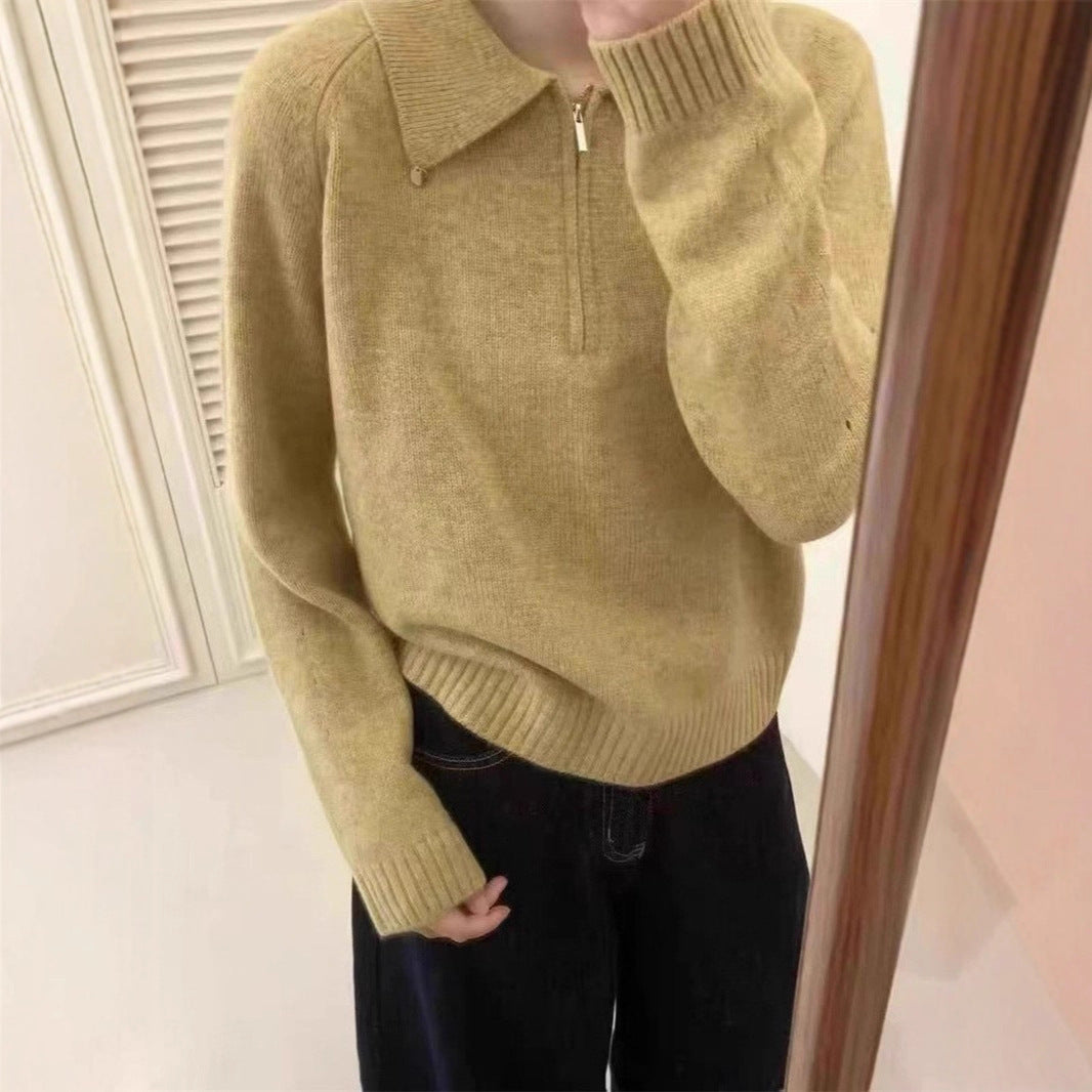 Lapel Half Zipper Solid Color Sweater For Women Loose Pullover