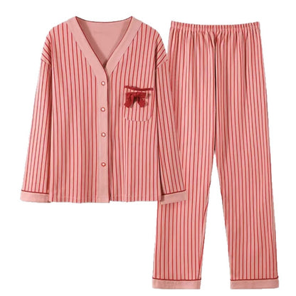 Cotton Pajamas Women's Long-sleeved Two-piece Suit Kimono Cardigan Striped