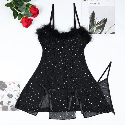 Sexy Black Rhinestone Shiny Crystal Feather Stitching See-through Elastic Net Split Dress Two-piece Set