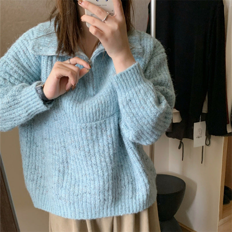 Half Zipper And Lapel Sweater Women's Knitted Blouse