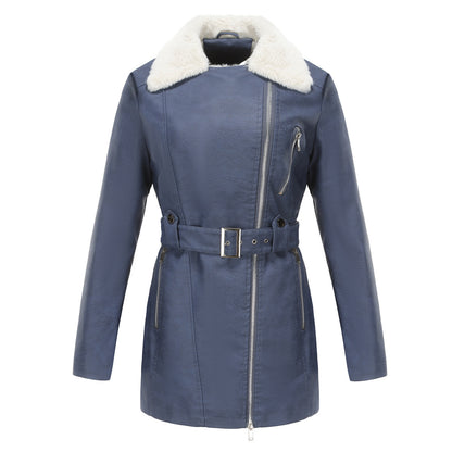 Long Sleeve Fleece Leather Jacket Women