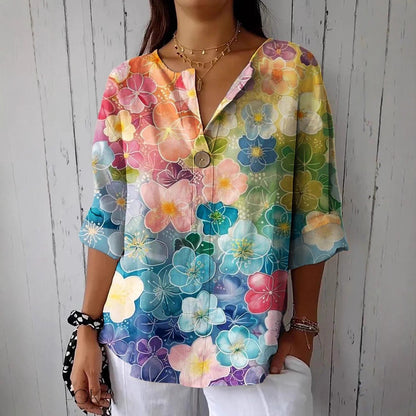Summer New 3D Printed Women's Fashion V-neck Long Sleeve Shirt Top