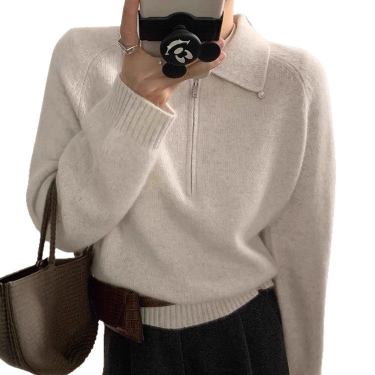 Lapel Half Zipper Solid Color Sweater For Women Loose Pullover