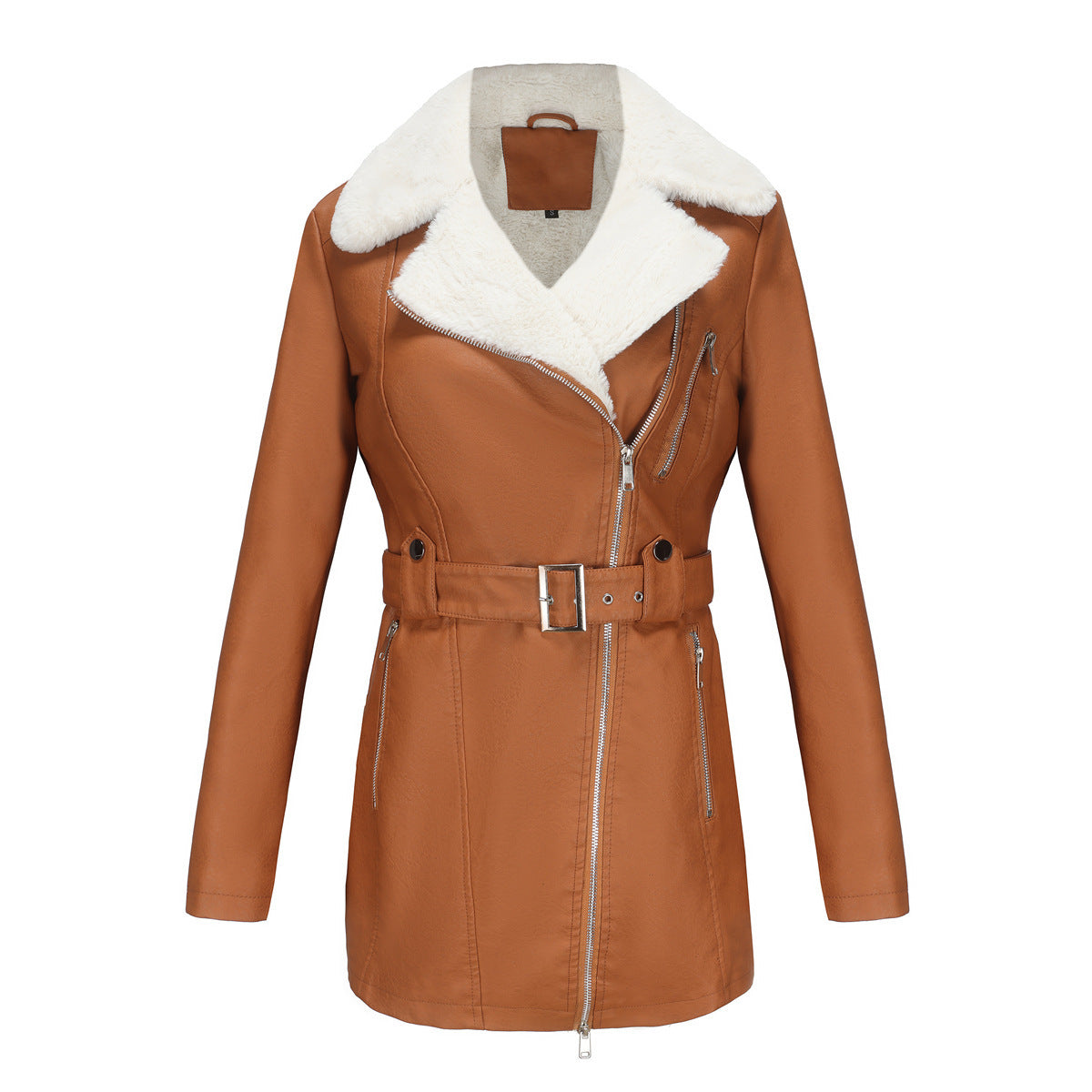 Long Sleeve Fleece Leather Jacket Women