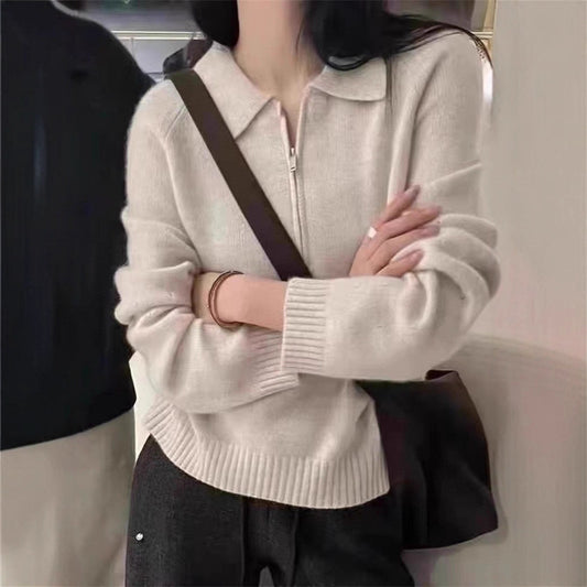 Lapel Half Zipper Solid Color Sweater For Women Loose Pullover