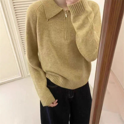 Lapel Half Zipper Solid Color Sweater For Women Loose Pullover
