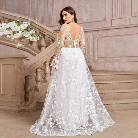 White V-Neck Wedding Bridal Gown Formal Dress