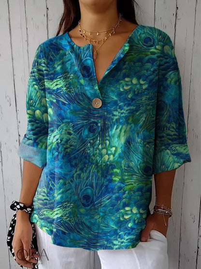 Summer New 3D Printed Women's Fashion V-neck Long Sleeve Shirt Top