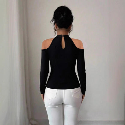 Hollow Out Shoulder-baring Applique Pleated Curved Hem Slim Top