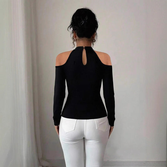 Hollow Out Shoulder-baring Applique Pleated Curved Hem Slim Top