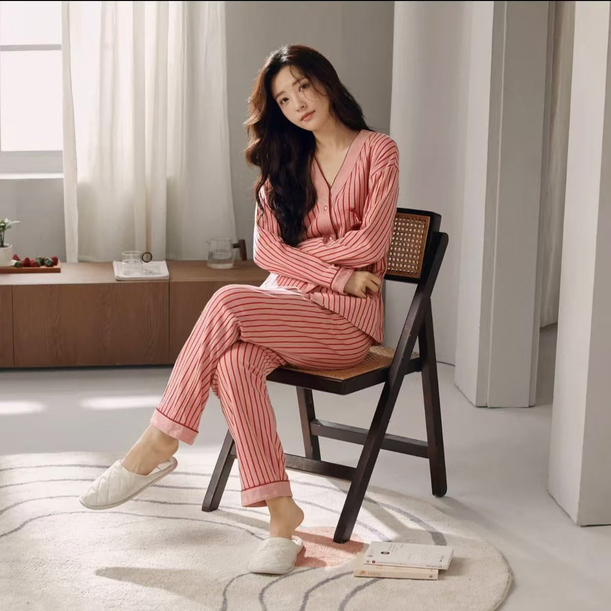 Cotton Pajamas Women's Long-sleeved Two-piece Suit Kimono Cardigan Striped