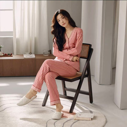 Cotton Pajamas Women's Long-sleeved Two-piece Suit Kimono Cardigan Striped