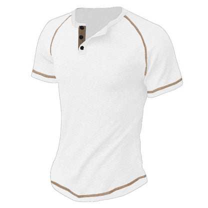 Round Neck Men's Heavy Waffle Casual Henry Short Sleeve