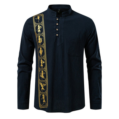 Printed Men's European Size Solid Color Cotton And Linen Shirt