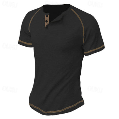 Round Neck Men's Heavy Waffle Casual Henry Short Sleeve