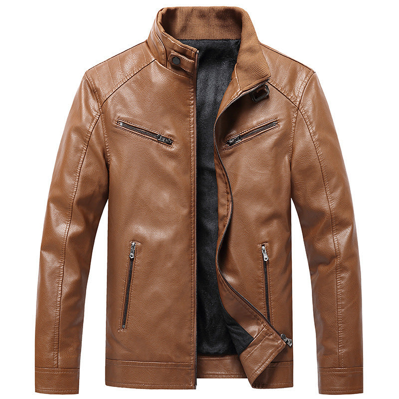 Men's Fleece Padded Coat Casual Korean-style Stand Collar PU Leather Jacket Trendy Youth