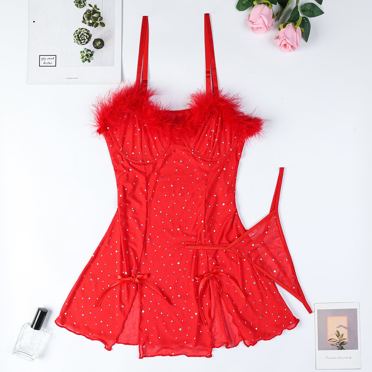 Sexy Black Rhinestone Shiny Crystal Feather Stitching See-through Elastic Net Split Dress Two-piece Set