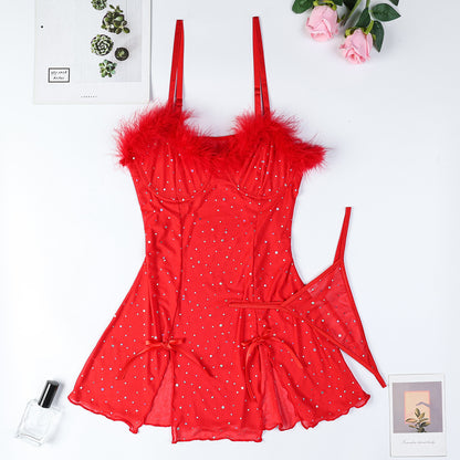 Sexy Black Rhinestone Shiny Crystal Feather Stitching See-through Elastic Net Split Dress Two-piece Set