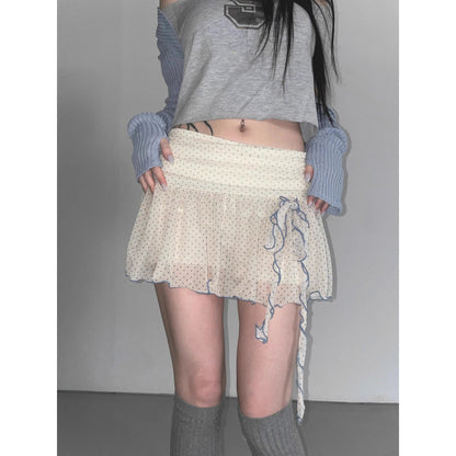 Korean Style Bow Bandage Polka-dot Slim-fit Versatile Casual Chiffon Skirt