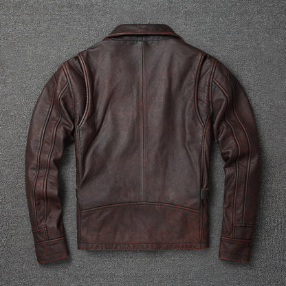 Retro Pure First Layer Cowhide Leather Men's Short Motorcycle Stonewashed Distressed Coat