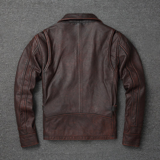 Retro Pure First Layer Cowhide Leather Men's Short Motorcycle Stonewashed Distressed Coat