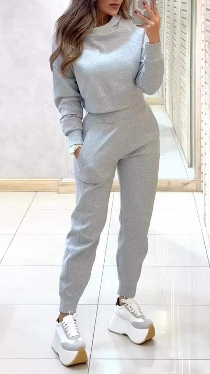 Stand Collar Sports Suit Fashion Pullover Long-sleeves Short Top And Slim Trousers With Pockets Solid Outfits Women's Clothing